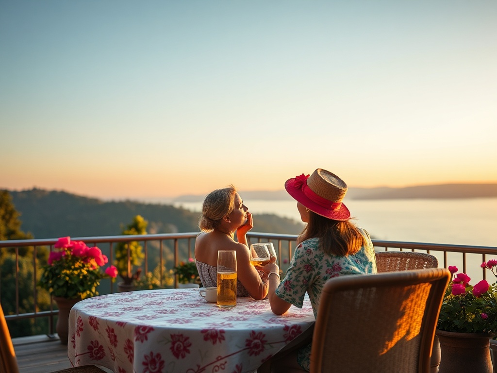 Две подруги наслаждаются закатом на веранде с цветами и напитками. Спокойствие и красота природы вокруг.