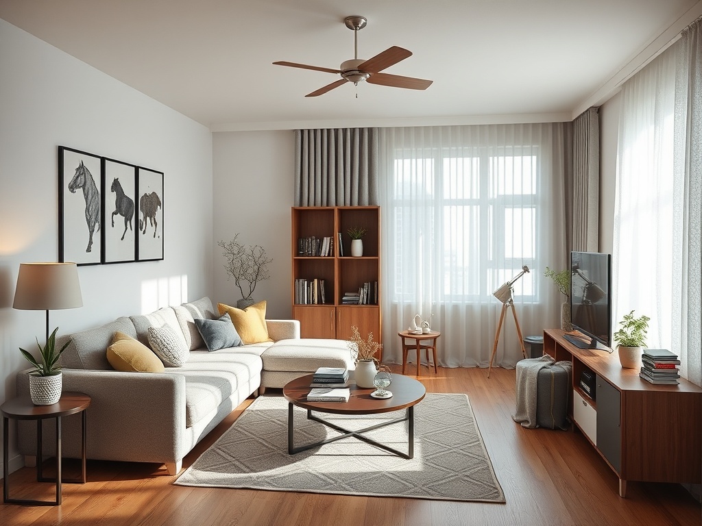 Современная гостиная с диваном, деревянной мебелью, книгами, синим креслом и картинами лошадей на стене.