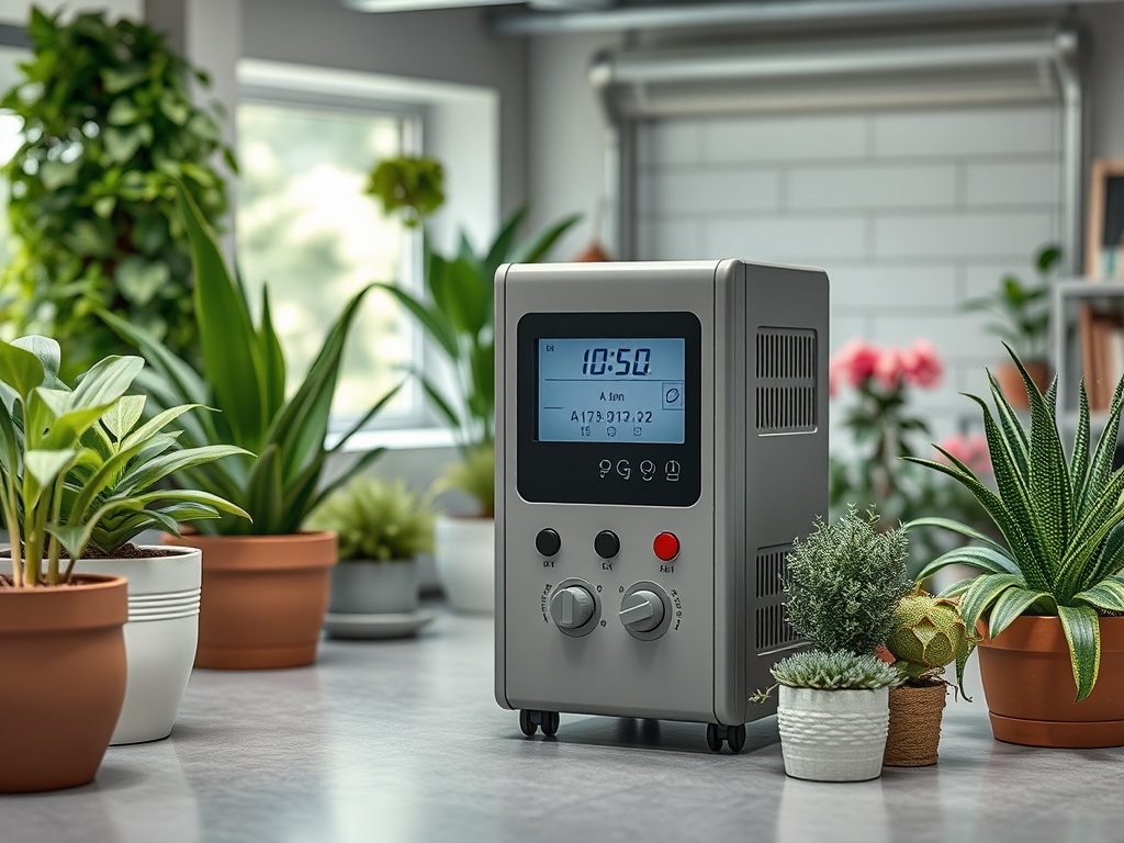 Устройство на столе среди растений с дисплеем и регулировками, время 10:50, уютная обстановка.