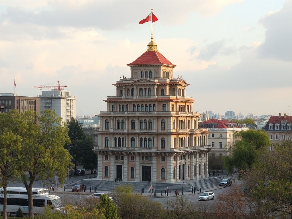 На изображении многослойное здание с красной крышей и флагом, окруженное зелеными деревьями.