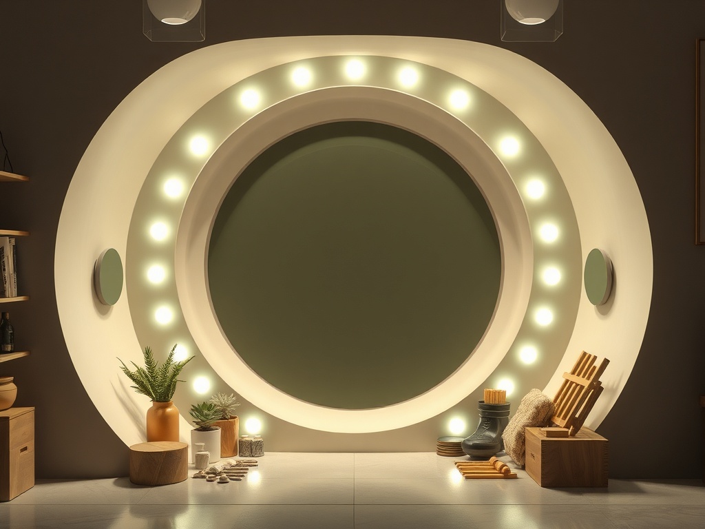 Современный интерьер с круглым зеркалом, светильниками и уютными элементами декора.