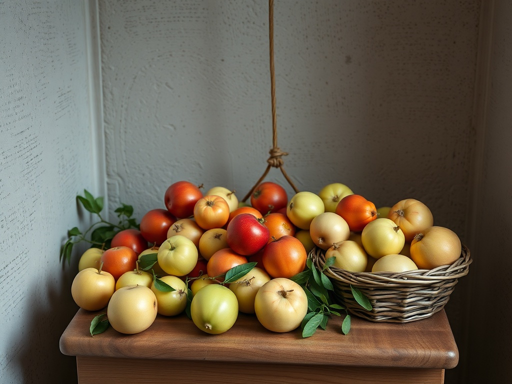 На столе лежат разные яблоки – красные и желтые, рядом корзина с фруктами.