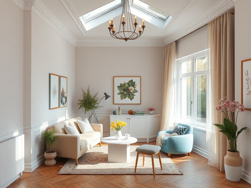 Светлая гостиная с мягкой мебелью, растениями и современным дизайном, обрамленная большими окнами.