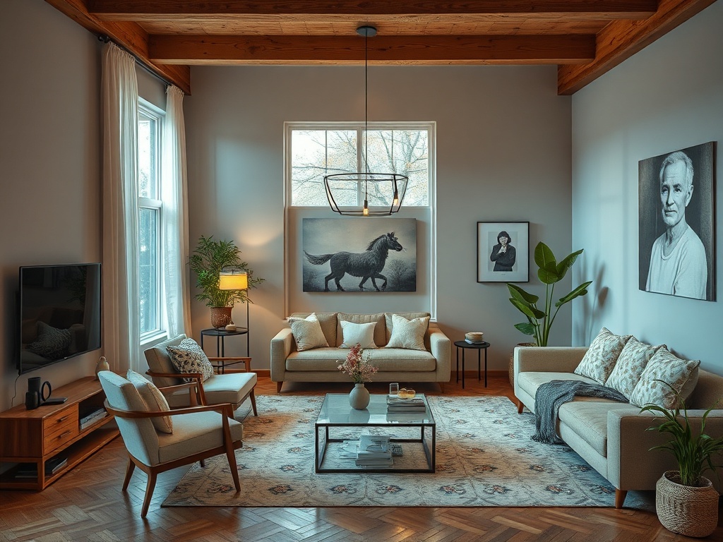 Светлая гостиная с удобной мебелью, картинами на стенах и большим окном, пропускающим солнечный свет.