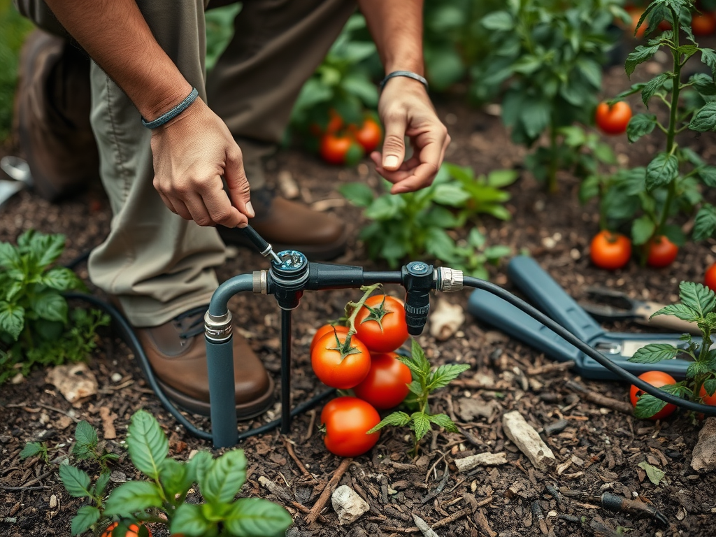 Человек на garden-участке настраивает систему полива и заботится о растущих помидорах.