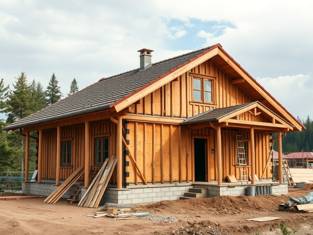 Дом из древесины с черепичной крышей на строительной площадке, окружённый деревьями и строительными материалами.