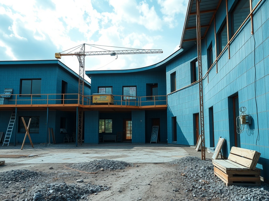 Строительная площадка с голубыми зданиями и краном на фоне облачного неба. Работы идут полным ходом.