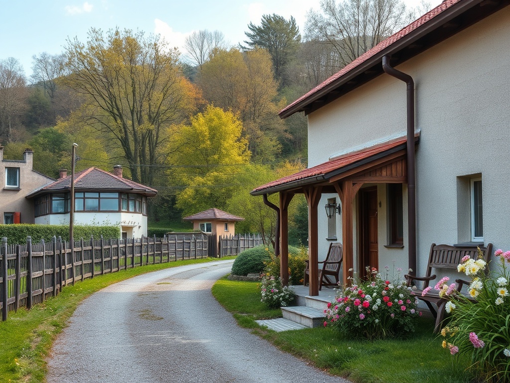 Дорога к красивому загородному дому среди зелени и цветов, окружённому деревьями.