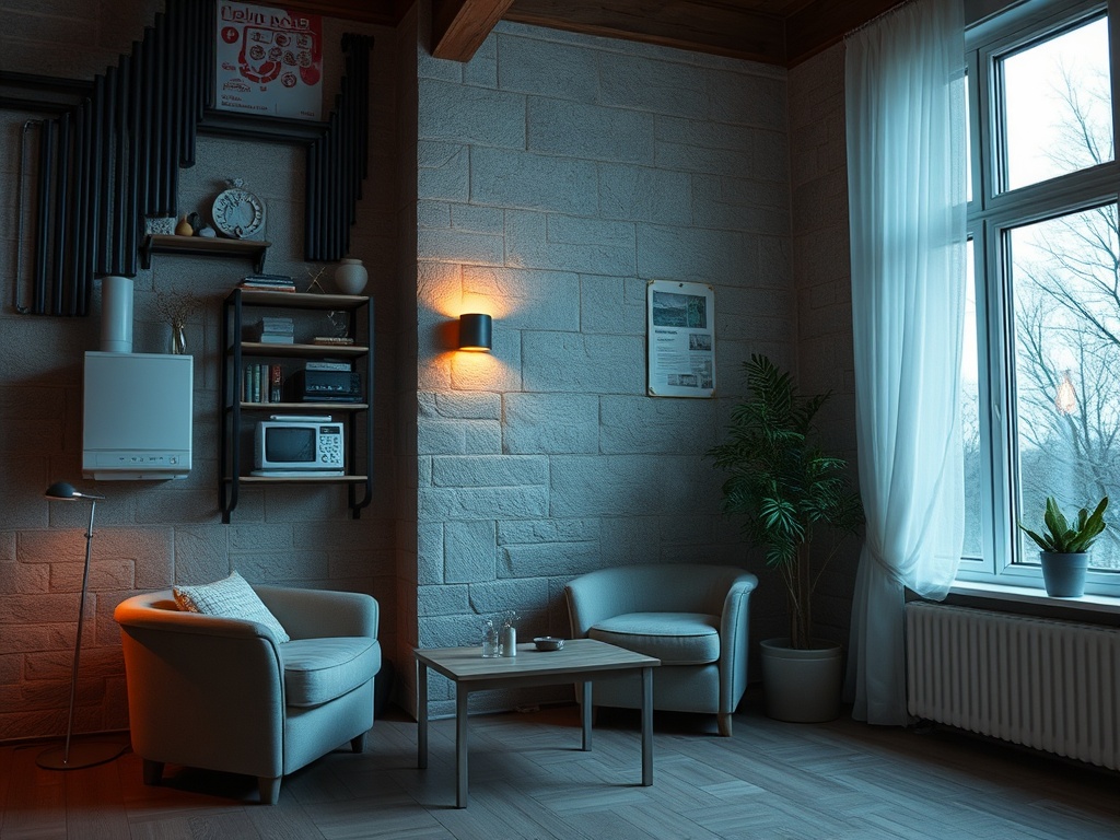 Уютный уголок с мягкой мебелью, полками и окном, пропускающим свет. Настенное освещение создает атмосферу.