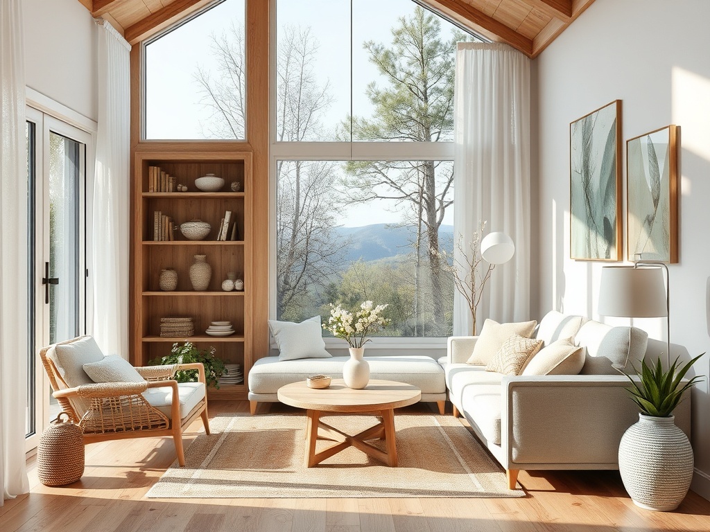 Светлая гостиная с большими окнами, мягкой мебелью и растениями, создающая уютную атмосферу.