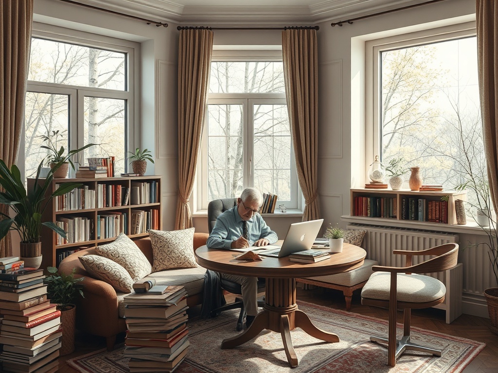 В уютном кабинете пожилой человек пишет за столом, окруженный книгами и приятным светом из окон.