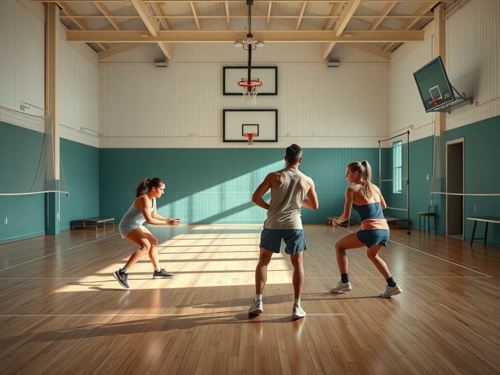 Три человека тренируются в спортивном зале, занимаются баскетболом на фоне солнечного света.