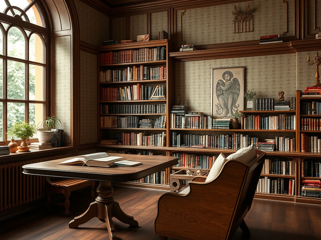 Уютный кабинет с деревянной мебелью, книгами на полках и большим окном, освещающим пространство.