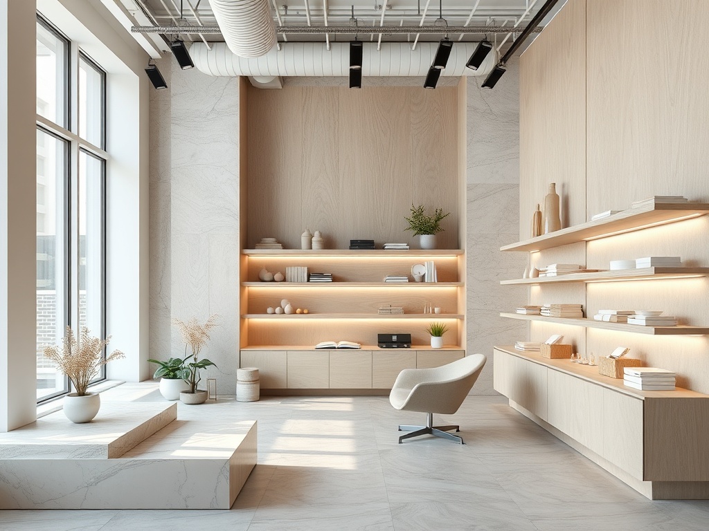 Современный интерьер с деревянными стенами, полками и уютным креслом, наполненный светом и зеленью.