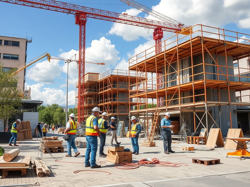 Строительная площадка с рабочими в касках, кранами и конструкциями из дерева и металла под ярким солнечным светом.