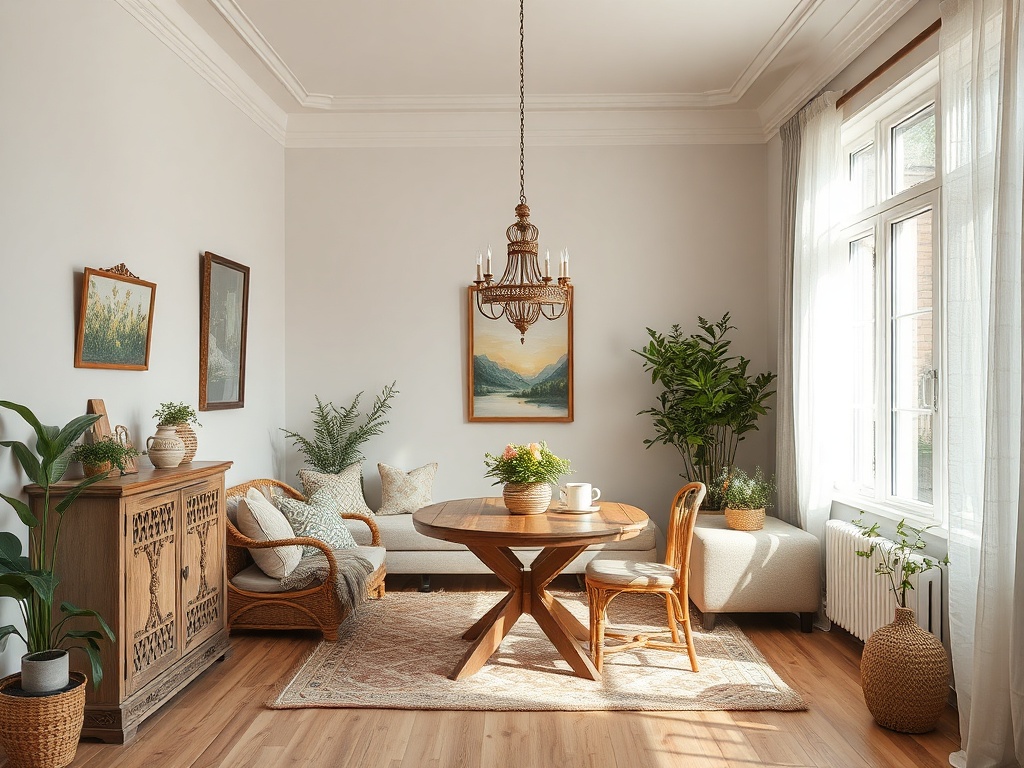 Светлая комната с мебелью из дерева, растениями и уютным обеденным столом. На стенах картины.