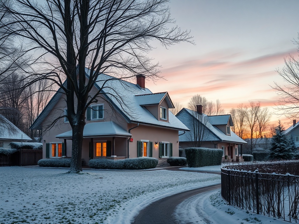 Два дома на фоне зимнего пейзажа, снежный двор и красивый закат. Деревья без листьев.