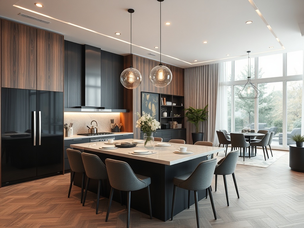 Современная кухня с островом, стильной мебелью и большими окнами, пропускающими свет.