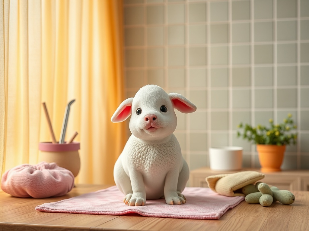 На картинке милый белый щенок сидит на розовом коврике в уютной комнате с растениями.