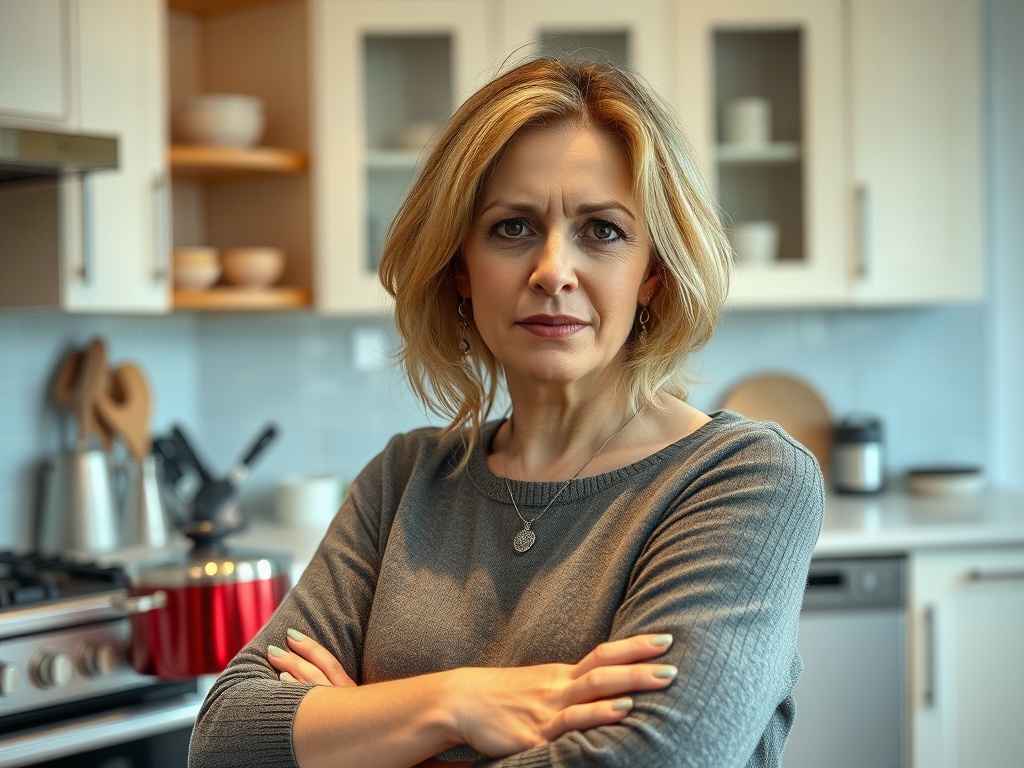 Женщина с короткими волосами в свитере стоит на кухне с серьезным выражением лица, скрестив руки на груди.