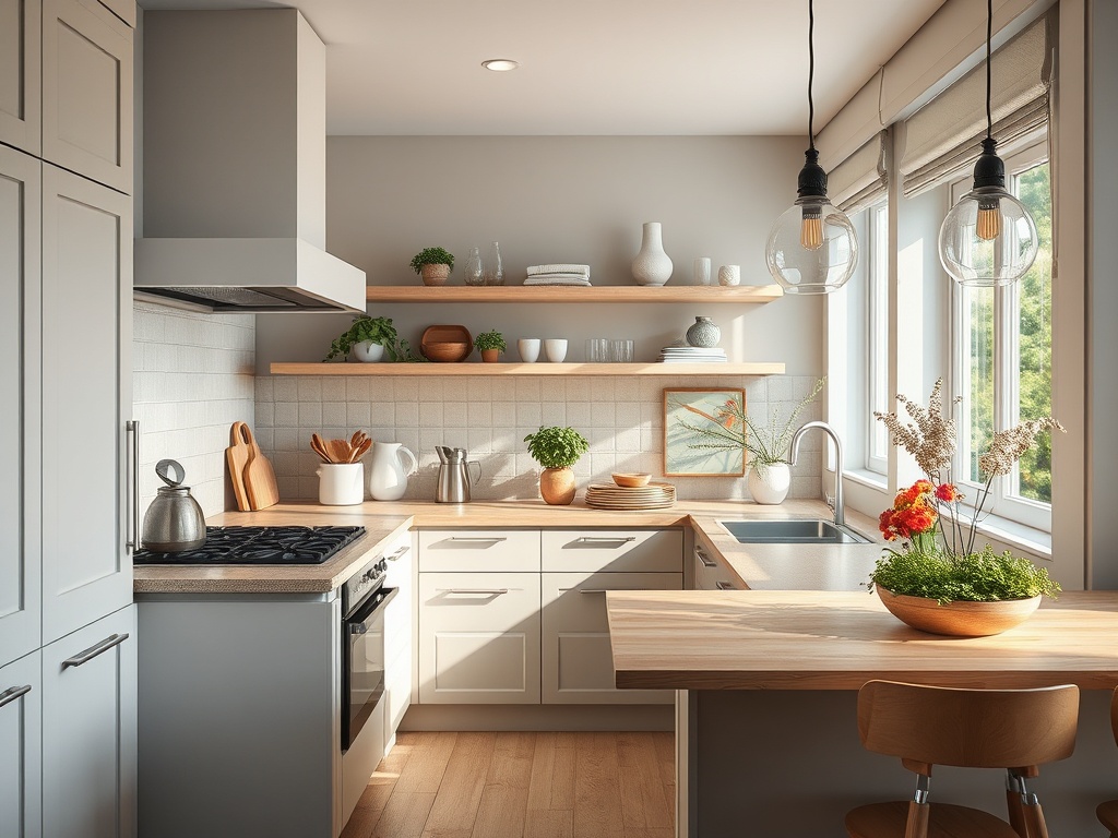 Современная кухня с деревянной столешницей, окнами и зелеными растениями на полках. Стильный и светлый интерьер.