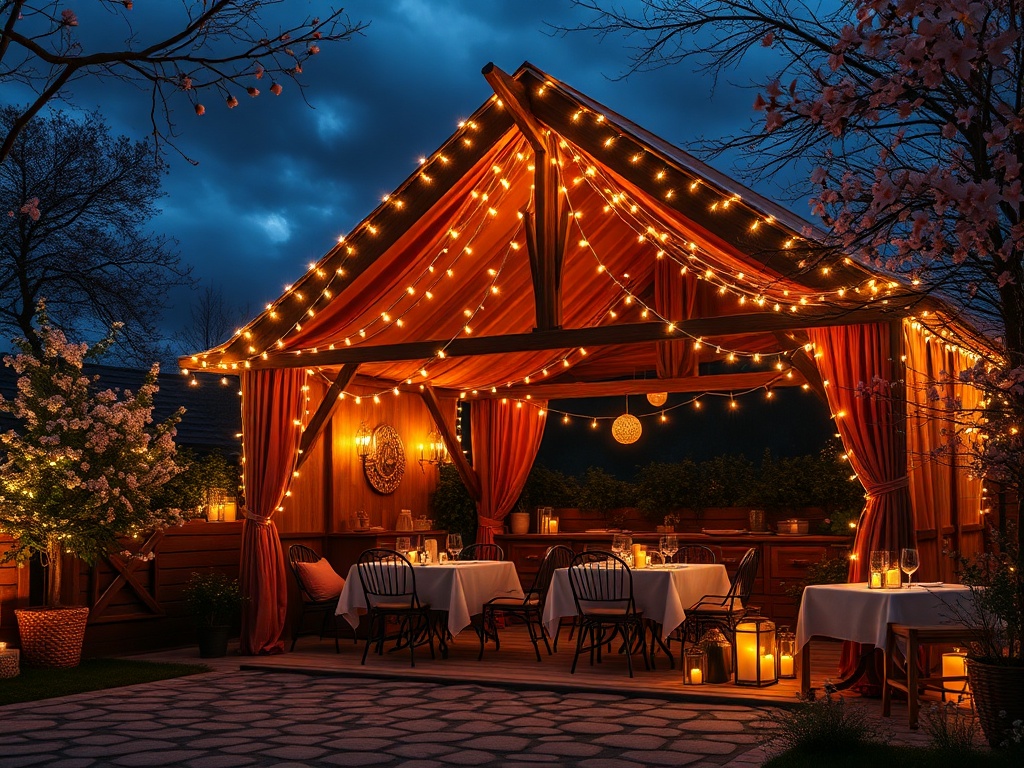 Светло украшенный павильон с столами, lanternami и цветами в вечернее время. Атмосфера уюта и романтики.