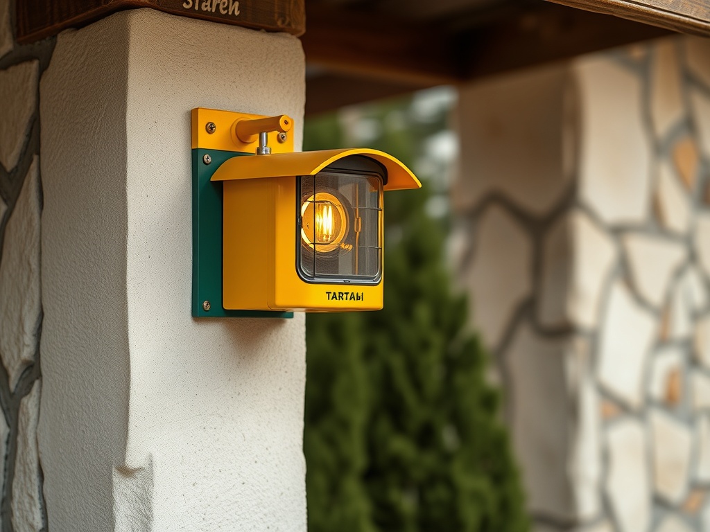 Светильник яркого цвета, установленный на стене с каменной облицовкой, на фоне зелени.