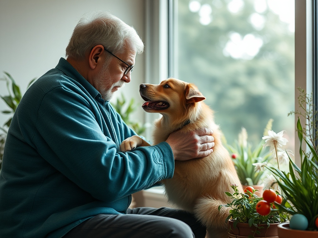 Пожилой мужчина сидит рядом с собакой, они смотрят друг на друга у окна с зелеными растениями.