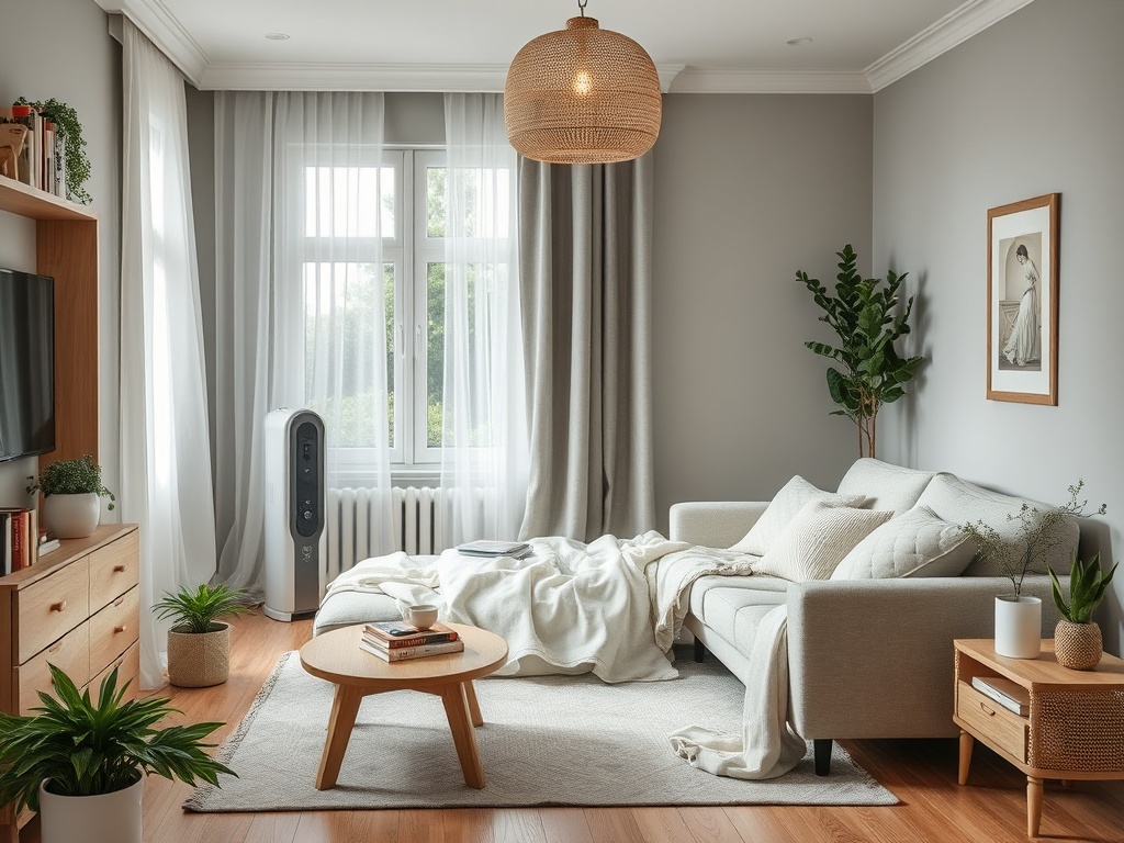 Современный интерьер комнаты с диваном, растениями и аккуратным освещением. Уютная обстановка.