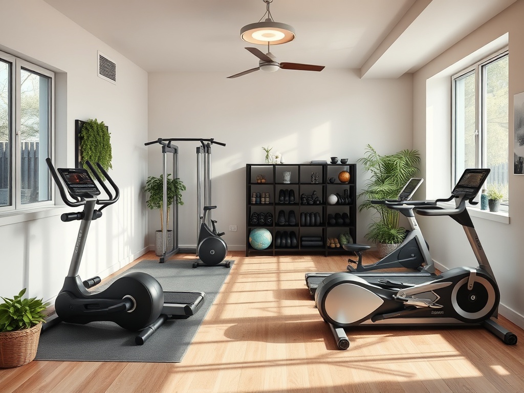 Современный фитнес-зал с кардиотренажерами и растительностью на фоне светлых стен.